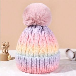 Girls Multi Rainbow Ombre Pom Pom Beanie OS New